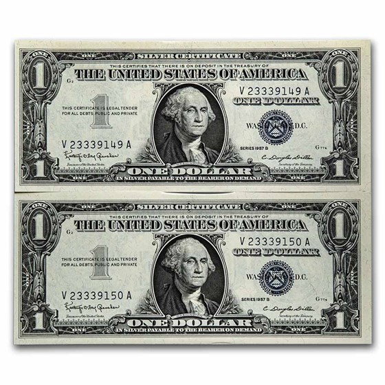 1957-B $1.00 Silver Certificate CCU (Fr#1621) 2 Consecutive 1957-B $1.00 Silver Certificate CCU (Fr#1621) 2 Consecutive